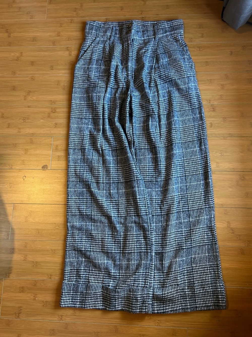 Wide Leg Plaid Trousers in Black Gray and White